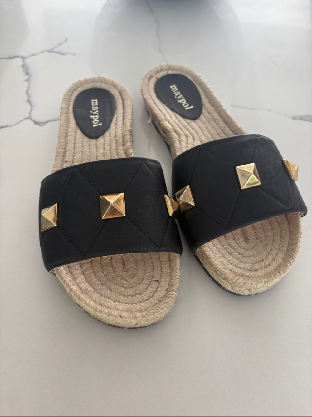 Maypol Black Slide Sandals with Gold Stud Accents. Valentino-ish. New.